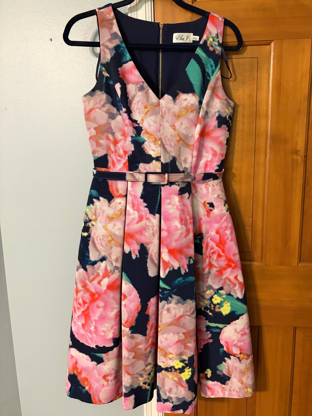 Eliza J Navy Floral V-Neck Fit & Flare Dress with Belt
